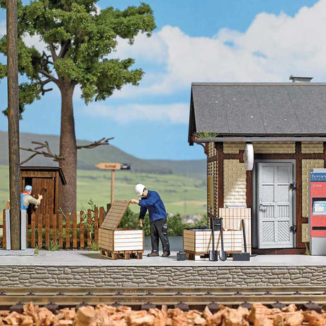 Era III-IV Railway Worker with Accessories - Action Set -- Figure, 2 Wood Crates, Track Tools, Steel Drum, Accessories-2