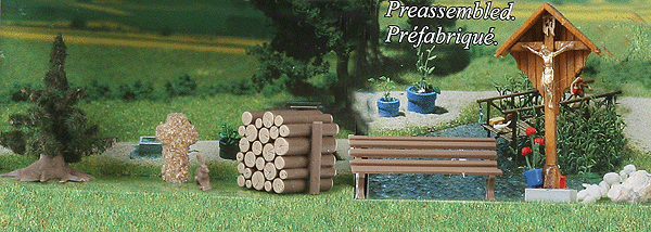 Wayside Cross & Accessories - Kit (Laser-Cut Wood) -- Bench, Wood Pile, Stone Foundling, Stone Cross, Rabbit & Small Spruce Tree