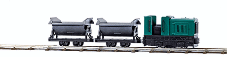 Feldbahn Industrial Diesel Train Set w/Battery Controller & Special Track -- Gmeinder 15/18 Loco, 2 Side-Dump Cars, 9-7/8 x 14-3/4" 25 x 37.5cm Track Ov