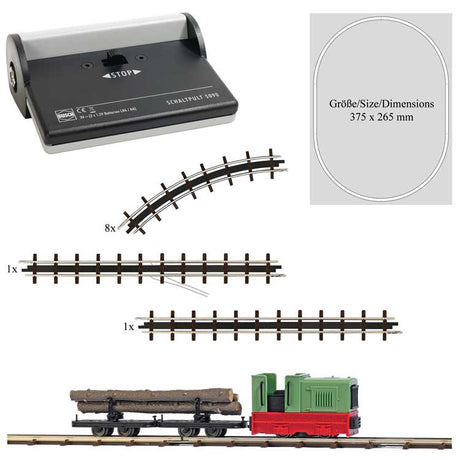 Feldbahn Log Train Starter Set with Battery Controller -- Gmeinder 15/18, 2 Disconnect Log Trucks with Logs, Track Oval, Battery Contr