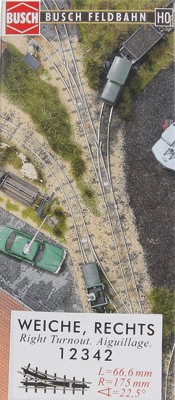 Feldbahn HOf 6.5mm (Z) Gauge Industrial Track Turnout -- Right Hand, Diverging Route: 6-7/8"  17.5cm Radius, 22.5 Degrees