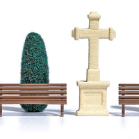 Stone Cross Scene -- Stone Cross, 2 Trees, 2 Benches & Garbage Can