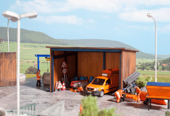 Road Maintenance Vehicle Servicing Garage w/Gravel/Salt Bins -- Laser-Cut Wood Kit - 3-11/16 x 3-11/16 x 2-1/4"  9.3 x 9.3 x 5.7cm-1