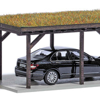 Grass-Roofed Carport w/Vehicle -- Laser-Cut Wood Kit - 1-9/16 x 2-3/4 x 1-1/4"  4 x 7 x 3.2cm