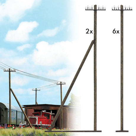 Real-Wood Telegraph/Telephone Poles -- 6 Standard Masts, 2 Masts w/Angled Support Pole