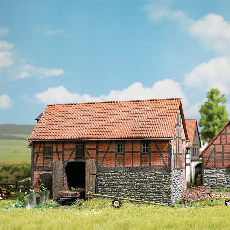 Half-Timbered Barn w/Large Stable -- Laser-Cut Wood Kit - 6-1/8 x 3-1/4 x 3-9/16"  15.5 x 8.2 x 10.5cm-1