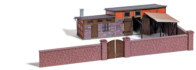 Half-Timbered Slaughterhouse/Outbuildings & Wall -- Laser-Cut Wood Kit, Multiple Outbuildings w/Multiple Uses