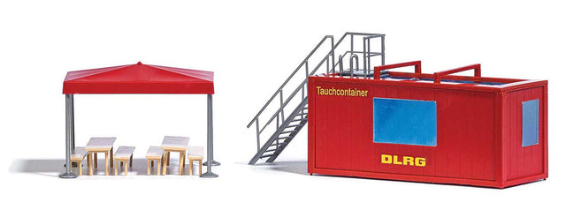 DLRG Diving Demonstration Container Scene -- Container, Steps, Picnic Benches, Tent-1