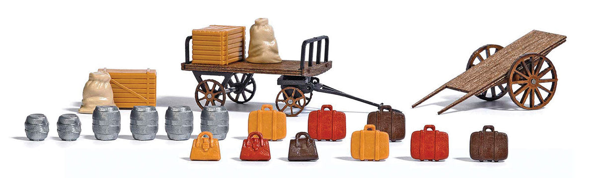 2 Wooden Baggage Carts w/Accessories -- 2 Different Styles of Carts w/Luggage & Barrels-2