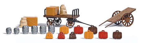 2 Wooden Baggage Carts w/Accessories -- 2 Different Styles of Carts w/Luggage & Barrels-2
