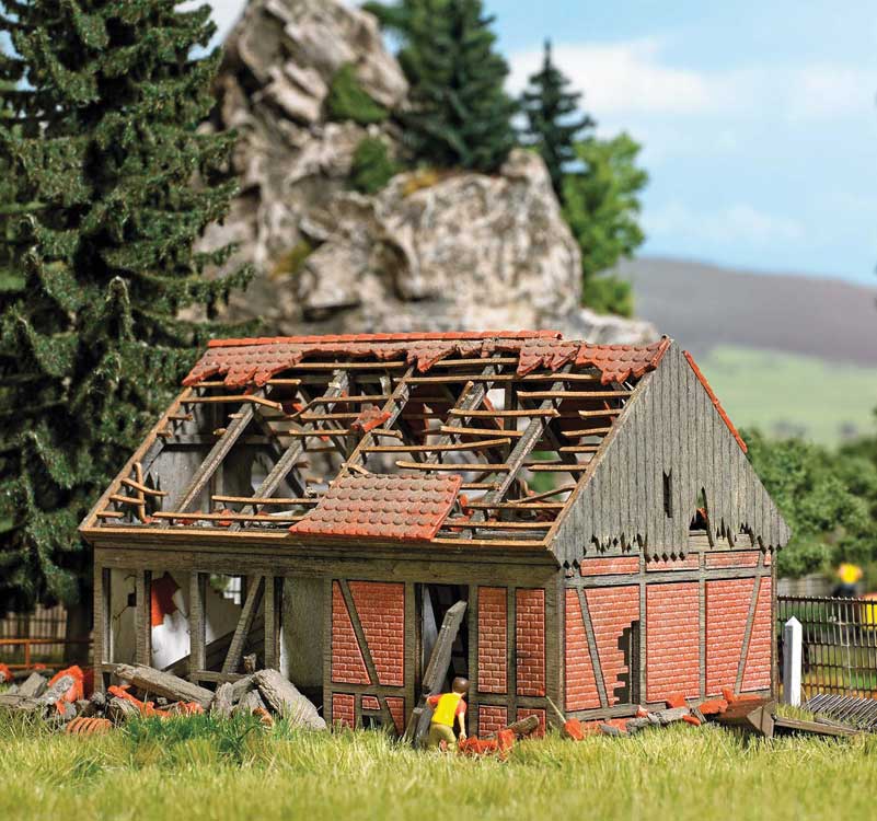 Dilapidated-Abandoned Half-Timber Stable -- Laser-Cut Kit - 3-11/16 x 2-1/4 x 2-1/2"  9.4 x 5.8 x 6.3cm-2