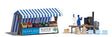 Two Outdoor Market Stalls - Laser-Cut Kit -- Organic Veg & Smoked Fish (German Signs), 2 Unpainted Figures, Tables/Benche