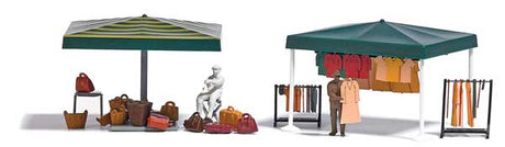 2 Outdoor Market Stalls Complete Miniature Scene -- 2 Figures, Clothes, Chair, 2 Canopies, Clothes, Luggage-1