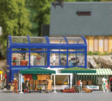 2 Outdoor Market Stalls Complete Miniature Scene -- 2 Figures, Clothes, Chair, 2 Canopies, Clothes, Luggage-2