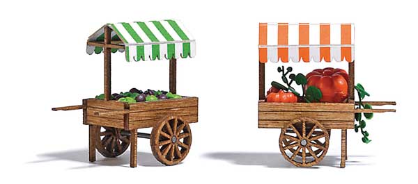 2 Outdoor Market Carts - Laser-Cut Wood Complete Miniature Scene Kit -- 2 Carts, Pumpkins, Greens-1
