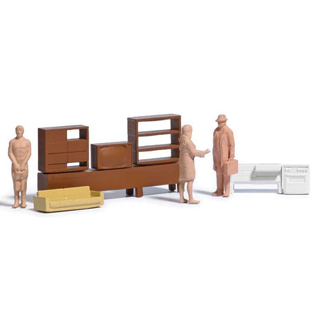 Interior Furnishing Detail Set -- Sofa, Entertainment Center, Stove/Oven, Counter, 3 Unpainted Figures-2