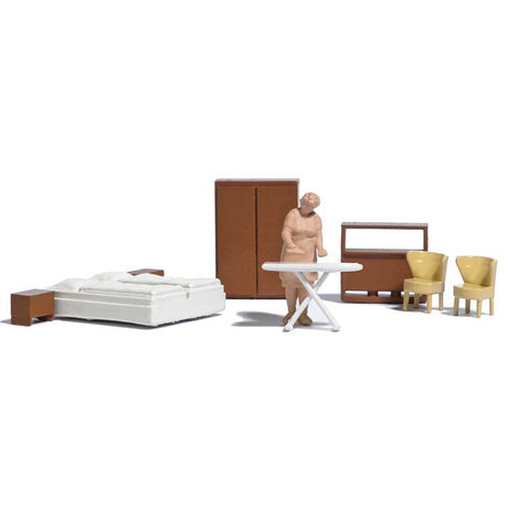 "Ironing" Interior Furnishing Detail Set -- Bed, Nightstands, Armoir, Dresser, 2 Chairs, Unpainted Woman, Ironing Board-2
