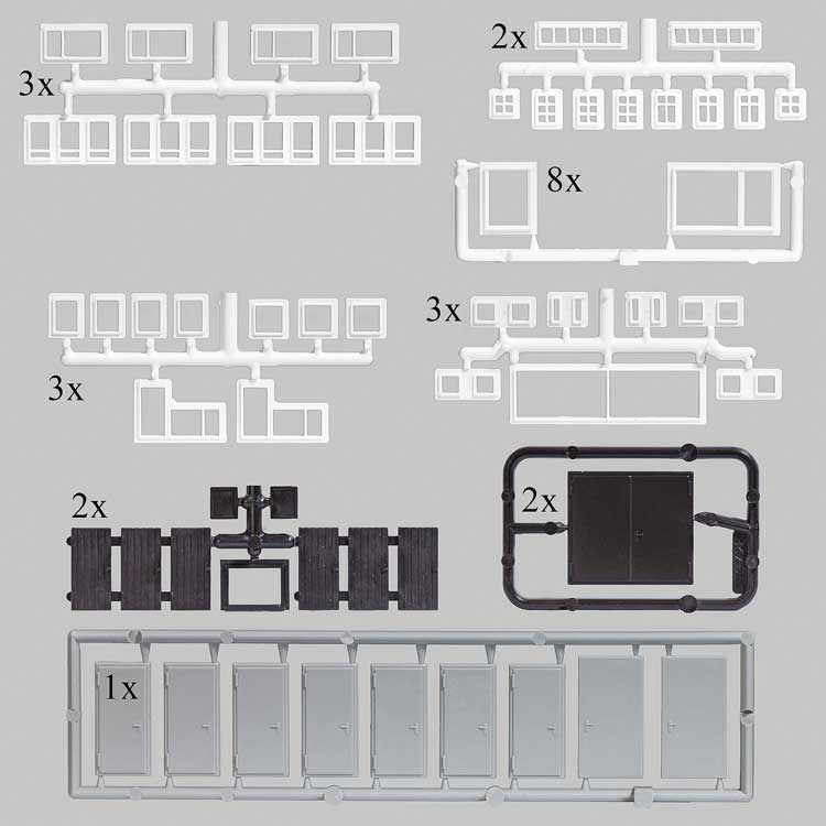 Mixed Windows and Doors - Plastic on Sprues -- Various Sizes Usable in HO and N Scales