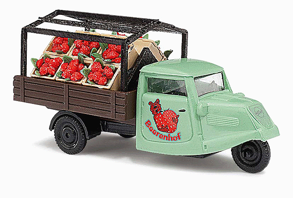 1935 Tempo Dreirad 3-Wheeled Pickup Truck - Assembled -- Beerenhof (Strawberry Load; green, brown; German Lettering)