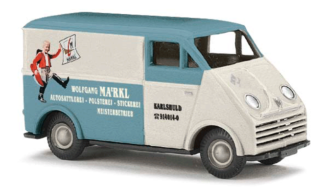 1956 DKW 3=6 Van - Assembled -- Autosattlerei (blue, white, red; "Automobile Upholstery" in German)