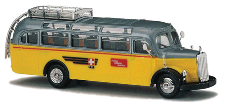 1949 Mercedes-Benz O-3500 Bus - Assembled -- With Roof Rack, Swiss Postal Bus PTT (yellow, gray, red)