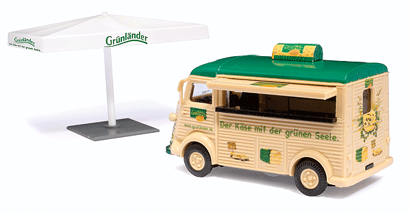 1958 Citroen H Cargo Van with Concession Window - Assembled -- Grunlander w/Canopy Umbrella (tan, green, German Lettering)
