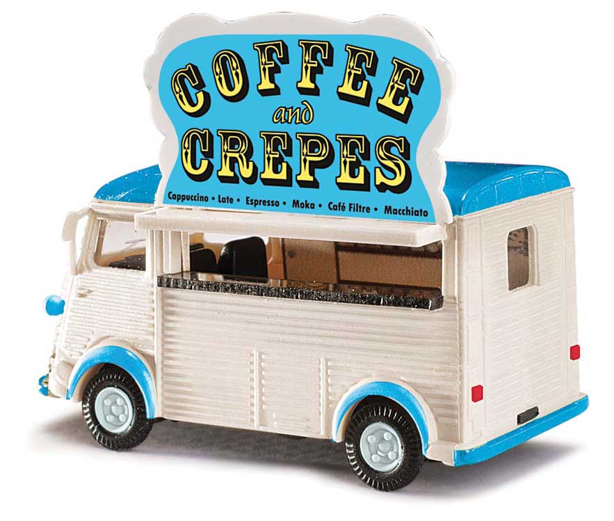 1958 Citroen H Cargo Van with Concession Window and Signs - Assembled -- Coffee and Crepes (white, blue, German Lettering)