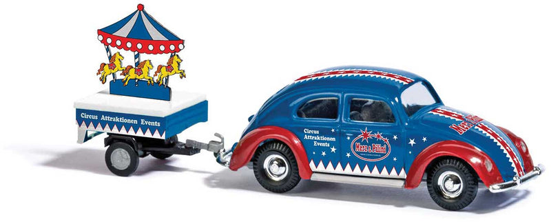 1951 Volkwagen Beetle with Carousel Trailer - Assembled -- Merz and Pilini Circus (blue, red, white, German Lettering)