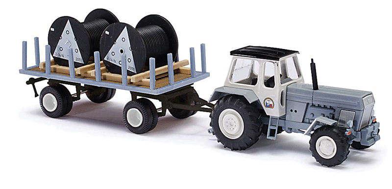 1967 Fortschritt ZT303 Farm Tractor w/Enclosed Cab - Assembled -- WithCable Spool Loaded Trailer (white, gray)