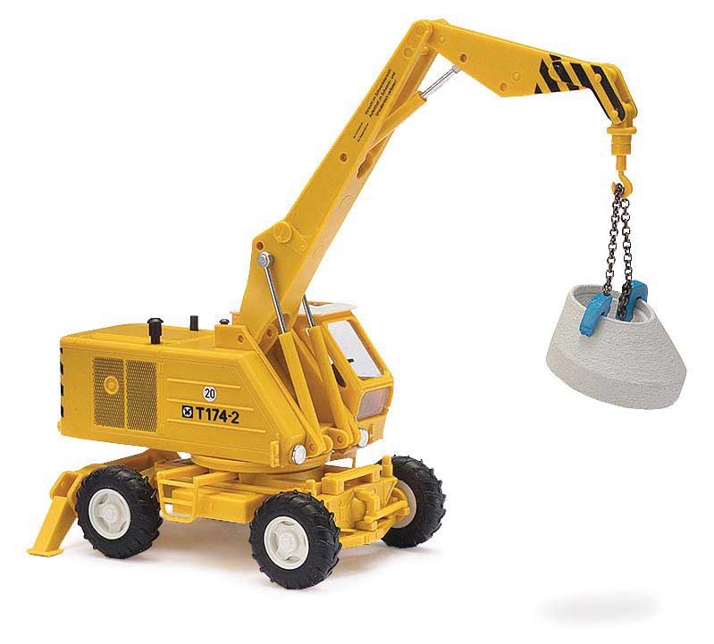 1974 Weimar Mobilbagger T174-2 Rubber-Tired Construction Crane - Assembled -- With Grip Attachment and Concrete Culvert (yellow)