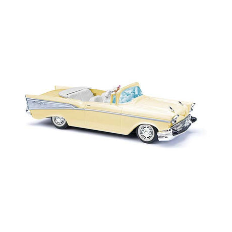 1957 Chevrolet Bel Air Convertible - Assembled -- Top Down (pale yellow, silver, with Driver & Dog)-1