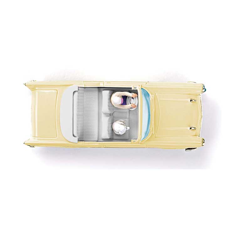 1957 Chevrolet Bel Air Convertible - Assembled -- Top Down (pale yellow, silver, with Driver & Dog)-2