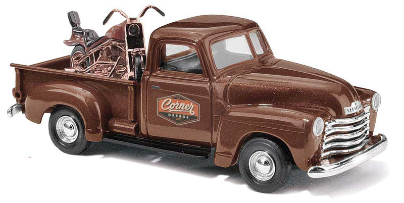 1950 Chevrolet Pickup Truck w/Motorcycle Load - Assembled -- Corner Garage (brown)