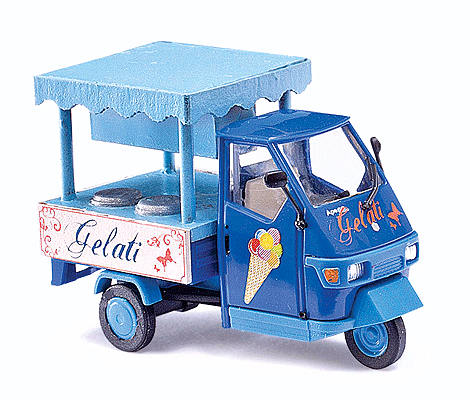 2006 Piaggio Ape 50 3-Wheel Pickup Truck - Assembled -- With Ice Cream Counter in Bed, Gelato (2-Tone Blue, German Lettering)