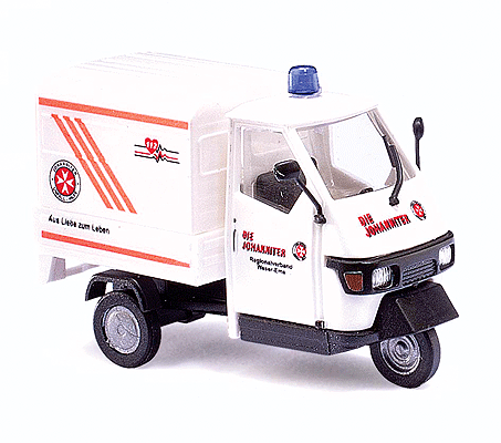 Emergency 2006 Piaggio Ape 50 3-Wheel Pickup Truck - Assembled -- With Bed Cover, Johanniter (white, red, German Lettering)