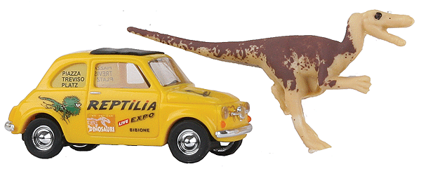 Automobile 1965 Fiat 500 F Station Wagon w/Sunroof - Assembled -- With Dinosaur, Reptilia (yellow, Italian Lettering)