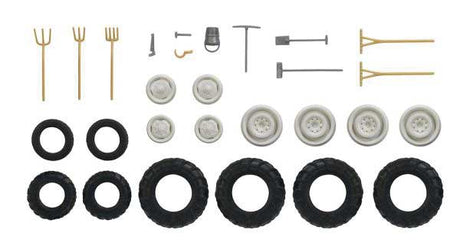 Farm Vehicle Accessory & Miniature Tool Set -- 8 Tractor Tires & Wheel Hubs (Various Sizes), Hand Tools & Bucket