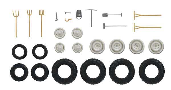 Farm Vehicle Accessory & Miniature Tool Set -- 8 Tractor Tires & Wheel Hubs (Various Sizes), Hand Tools & Bucket