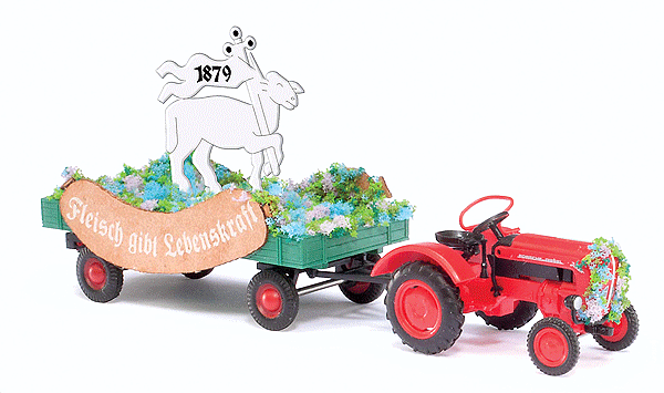 1957 Porsche Junior K Farm Tractor -- Red Tractor w/Butcher Parade Float Trailer