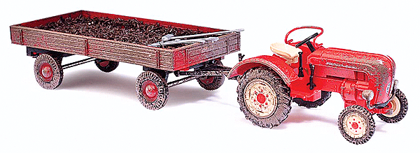 1957 Porsche Junior K Farm Tractor - Assembled -- With Manure Trailer & Load (red)