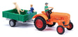 1955 Allgaier A 111 L Farm Tractor w/Trainer and 3 Figures - Assembled -- Orange, Red w/Green Trailer-1