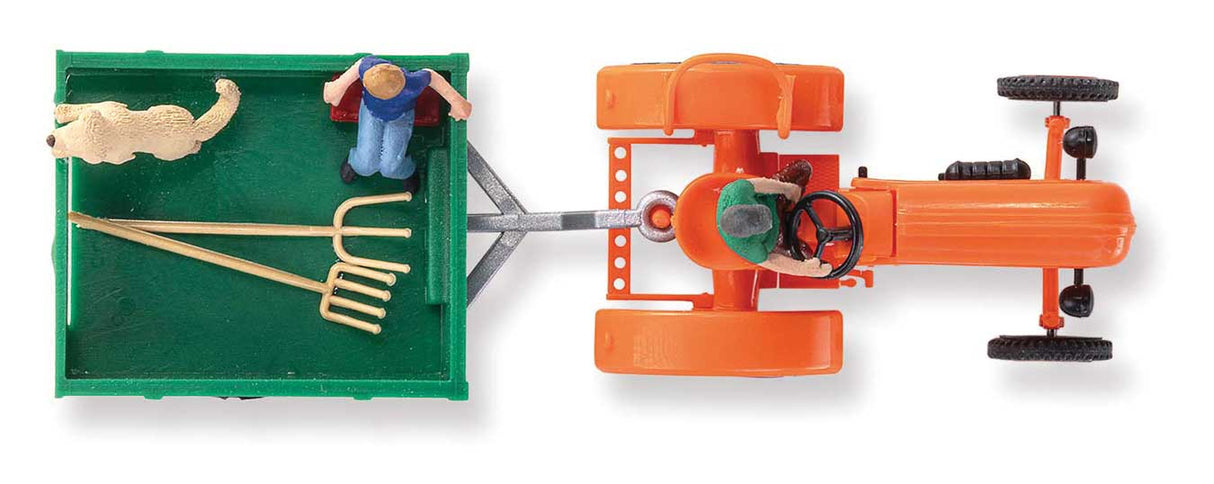 1955 Allgaier A 111 L Farm Tractor w/Trainer and 3 Figures - Assembled -- Orange, Red w/Green Trailer-2