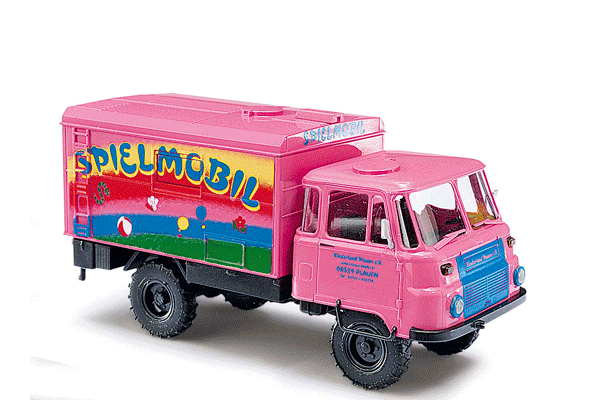 1973-1990 Robur LO 2002 A Box Body Delivery Truck - Assembled -- Spielmobil (pink, red, blue, green, German Lettering)