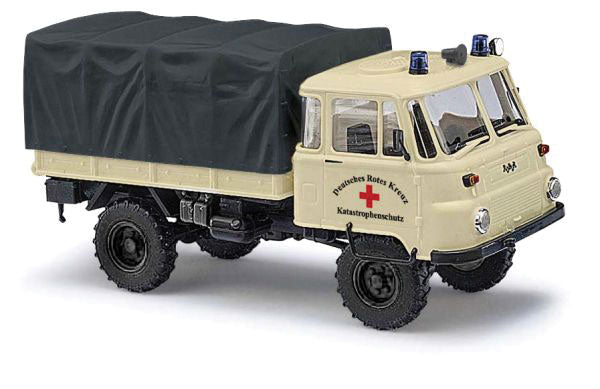 1973-1990 Robur LO 2002 A Low-Side Delivery Truck - Assembled -- German Red Cross (ivory, red, black Tarp, German Lettering)