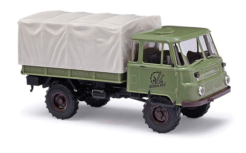 1973-1990 Robur LO 2002 A Low-Side Delivery Truck w/Tarp Cover - Assembled -- Goldene Ahre (green, German Lettering)