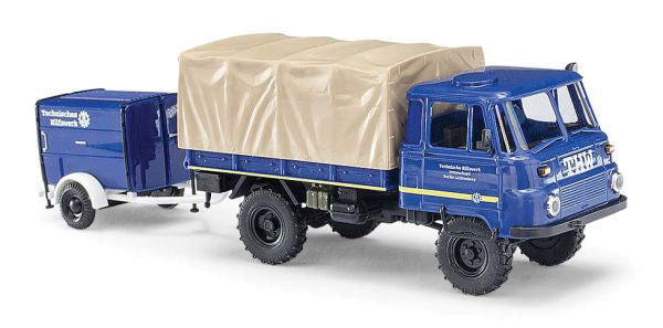 1973-1990 Robur LO 2002 A Low-Side Truck w/Trailer - Assembled -- THW (blue, white, German Lettering)