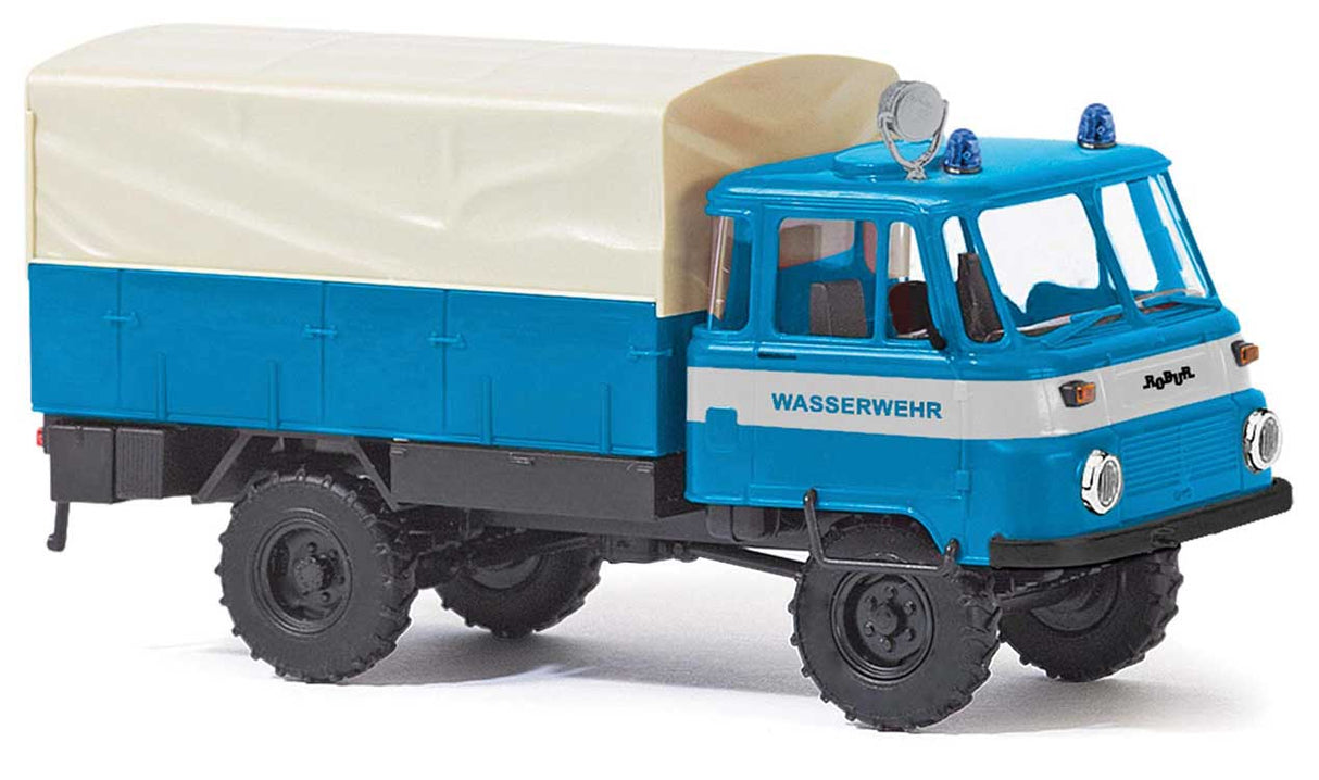 1991 Robur LO 2002 Low-Side Truck with Tarp - Assembled -- Water Brigade (blue, white, German Lettering)