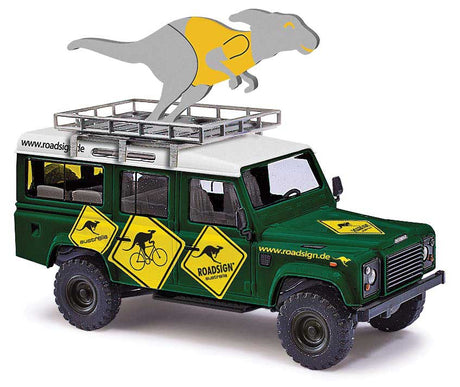 1983 Land Rover Defender SUV with Roof Rack - Assembled -- Road Signs with Rooftop Kangaroo (green, yellow, white, German Lettering)