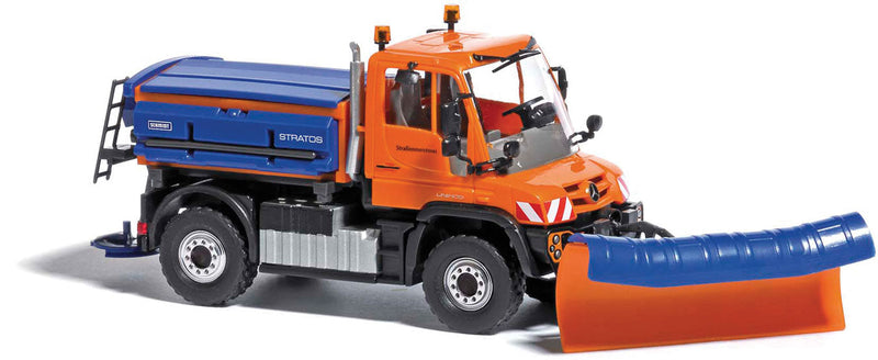 2013 Mercedes-Benz Unimog U 430 Heavy-Duty Pickup Truck w/Plow - Assembled -- Road Works (orange, blue, German Lettering)