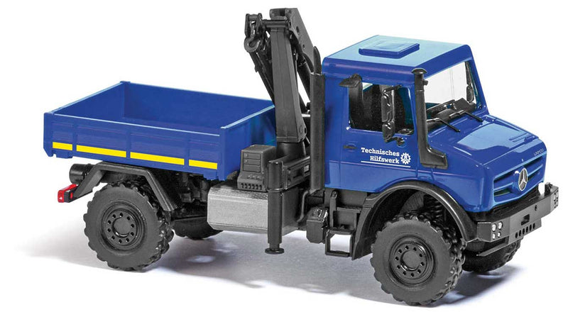 2014 Mercedes-Benz Unimog U 5023 Heavy-Duty Low-Side Crane Truck - Assembled -- THW (blue, yellow, German Lettering)